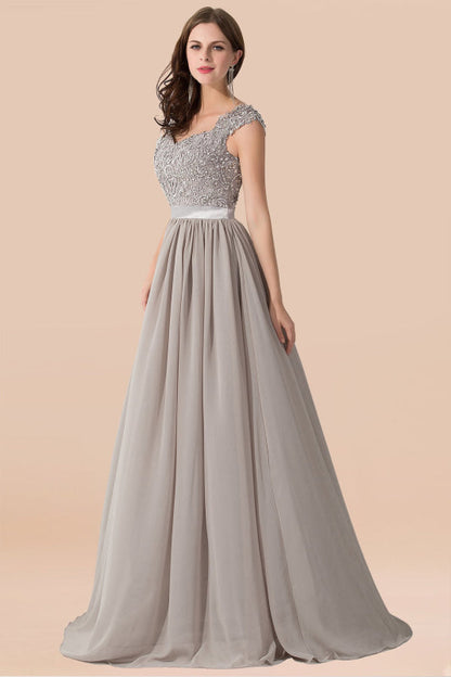 A-line Chiffon Formal Dress Silver Lace Appliques Evening Dress