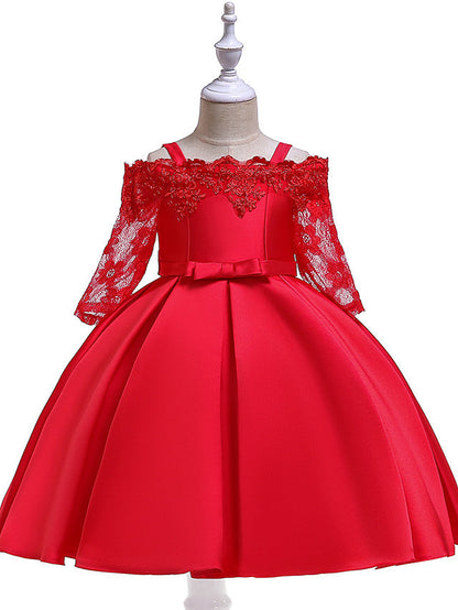 A-Line Cotton Blend Flower Girl Dress with Lace Sash & Ribbon Trim - 3/4 Length Sleeve Off Shoulder