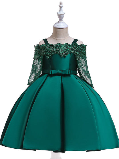 A-Line Cotton Blend Flower Girl Dress with Lace Sash & Ribbon Trim - 3/4 Length Sleeve Off Shoulder
