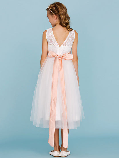 A-Line Crew Neck Tea Length Lace & Tulle Junior Bridesmaid Dress w/ Sash Ribbon Pleats for Weddings & Parties Open Back & See Through Design