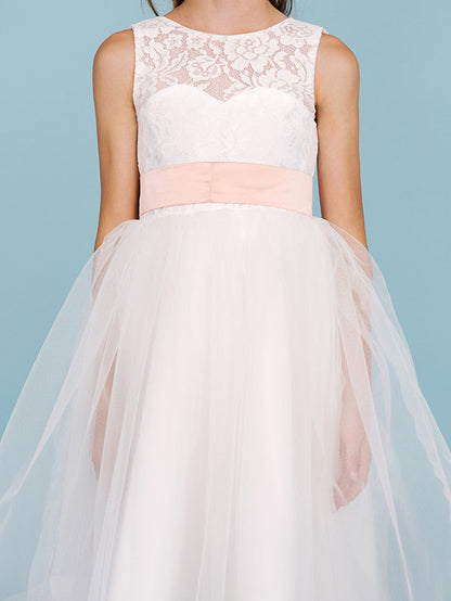 A-Line Crew Neck Tea Length Lace & Tulle Junior Bridesmaid Dress w/ Sash Ribbon Pleats for Weddings & Parties Open Back & See Through Design