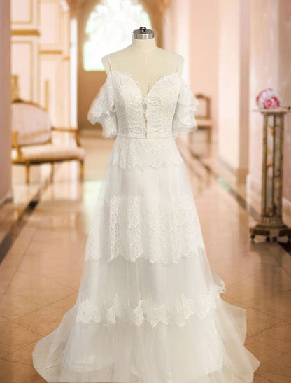Deep V Neck A Line Boho Wedding Dresses Lace Short Sleeve Bridal Gown With Sweep Train