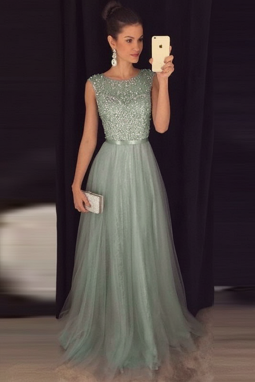 Bridelily Grey A-line Prom Dresses Beaded Long Tulle Evening Gowns