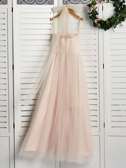 A-Line Halter Neck Floor Length Tulle Junior Bridesmaid Dress with Ruching