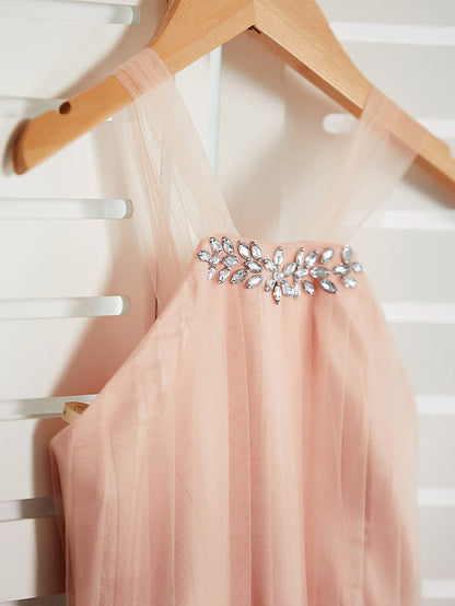 A-Line Halter Neck Maxi Tulle Bridesmaid Dress with Sash Ribbon Beading for Weddings