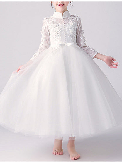 A-Line High Neck Flower Girl Dress Tulle with Bow Beading Appliques