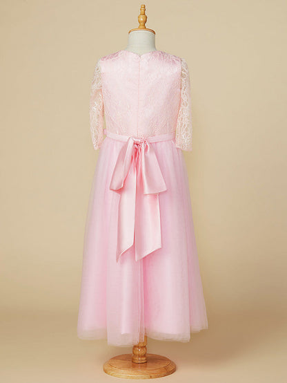 A-Line Jewel Neck Lace/Tulle Junior Bridesmaid Dress with Bow(s) for Wedding Party