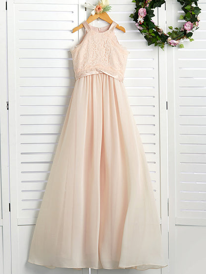 A-Line Junior Bridesmaid Dress with Chiffon Lace Sash & Ribbon