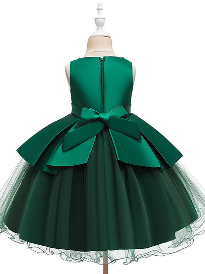 A-Line Knee Length Wedding / Party Dress - Tulle / Matte Satin / Poly&Cotton Blend Jewel Neck with Lace / Bow(S) / Beading