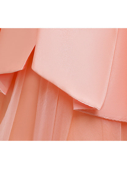 A-Line Knee Length Wedding / Party Dress - Tulle / Matte Satin / Poly&Cotton Blend Jewel Neck with Lace / Bow(S) / Beading