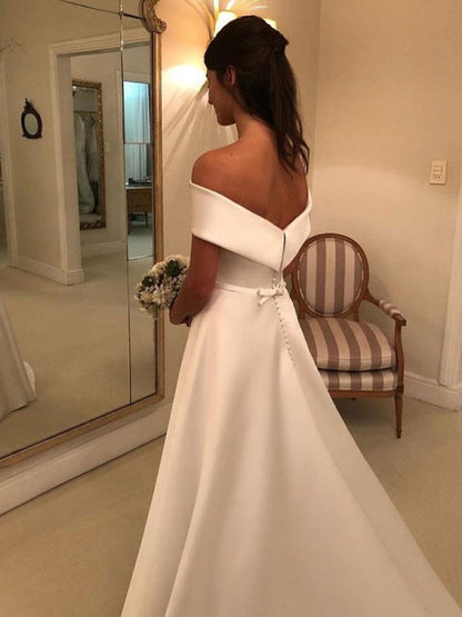 A Line Satin Wedding Dresses Off The Shoulder Traditional Bridal Gowns