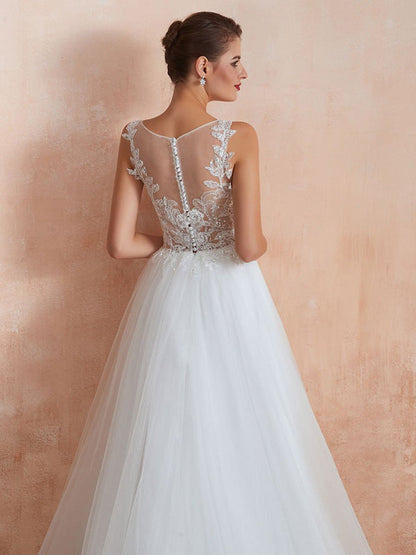 A Line Sleeveless Lace Floor Length Tulle Wedding Dress With Train