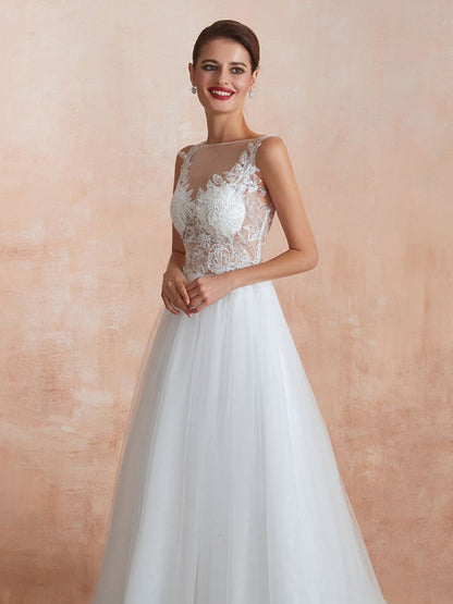 A Line Sleeveless Lace Floor Length Tulle Wedding Dress With Train