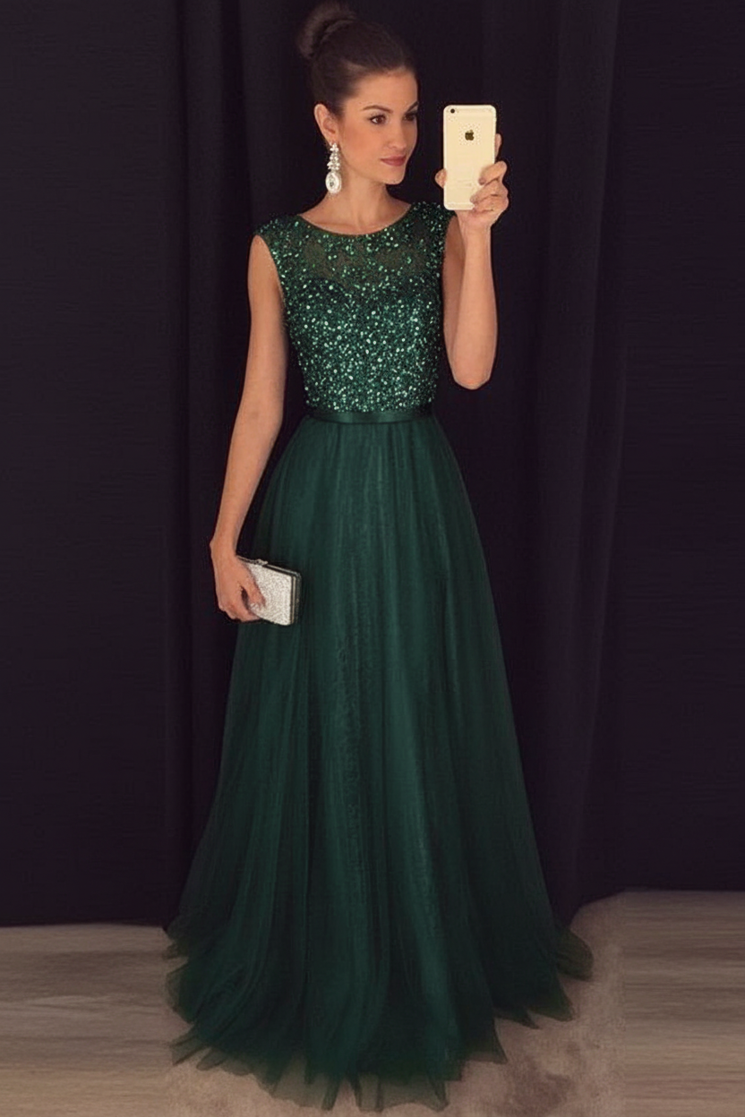 Bridelily Grey A-line Prom Dresses Beaded Long Tulle Evening Gowns