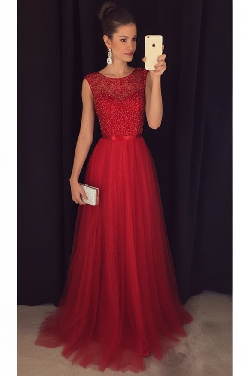 Bridelily Grey A-line Prom Dresses Beaded Long Tulle Evening Gowns
