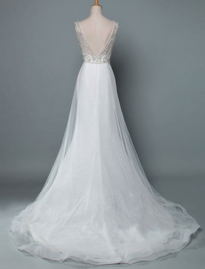 A Line Sleeveless V Neck Backless Bridal Gown High Split