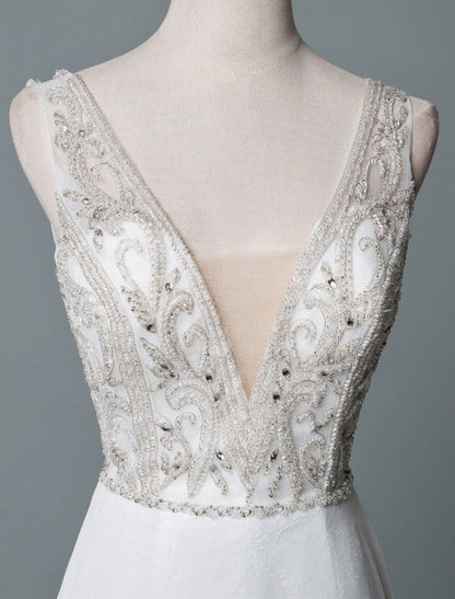 A Line Sleeveless V Neck Backless Bridal Gown High Split