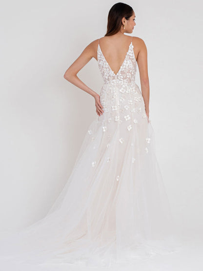 A-Line Sleeveless White Wedding Dress Satin V-Neck Lace Tulle Bridal Dresses