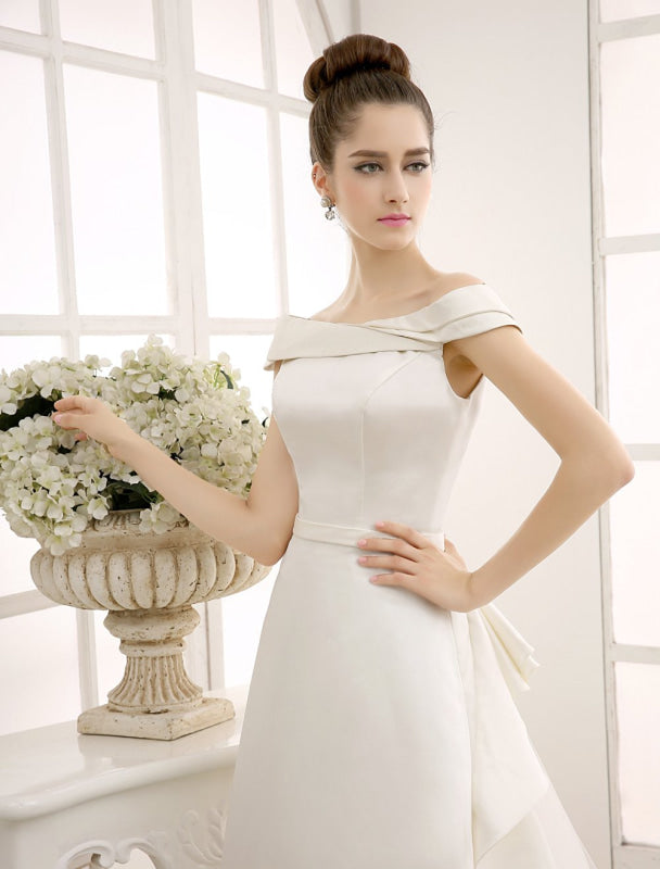 A-Line Sweep Train Wedding Dress Ivory With Off-The-Shoulder