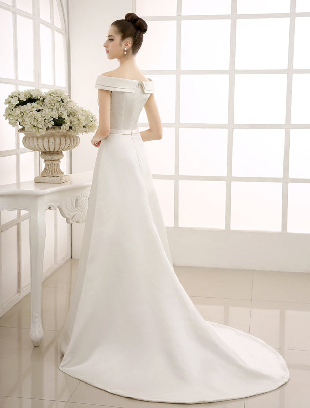 A-Line Sweep Train Wedding Dress Ivory With Off-The-Shoulder