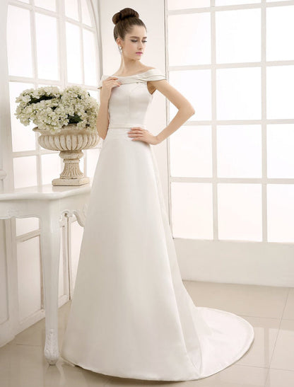 A-Line Sweep Train Wedding Dress Ivory With Off-The-Shoulder