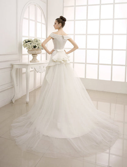 A-Line Sweep Train Wedding Dress Ivory With Off-The-Shoulder