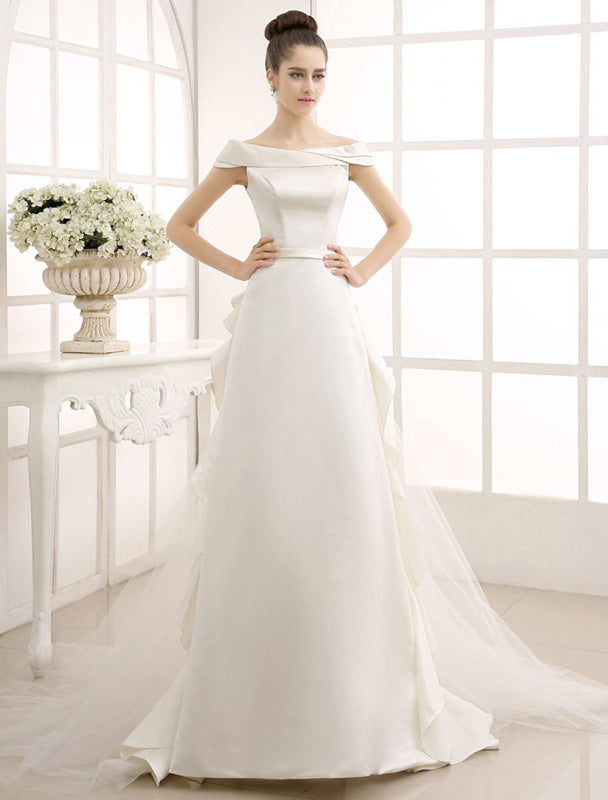 A-Line Sweep Train Wedding Dress Ivory With Off-The-Shoulder