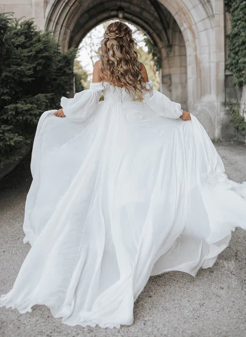 Aimishang Elegant A-Line Sweetheart Long Sleeves Chiffon Sweep Train Wedding Dress