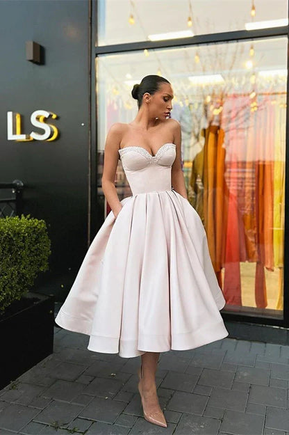 Retro Light Pink Sweetheart Strapless Design A-line Satin Party Dress Homecoming Dress HZ1024