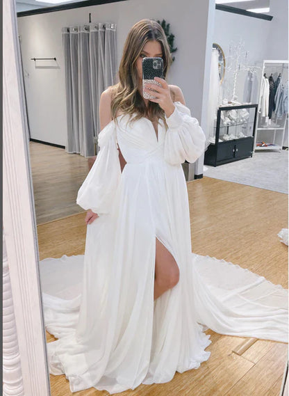 Aimishang Elegant A-Line Sweetheart Long Sleeves Chiffon Sweep Train Wedding Dress