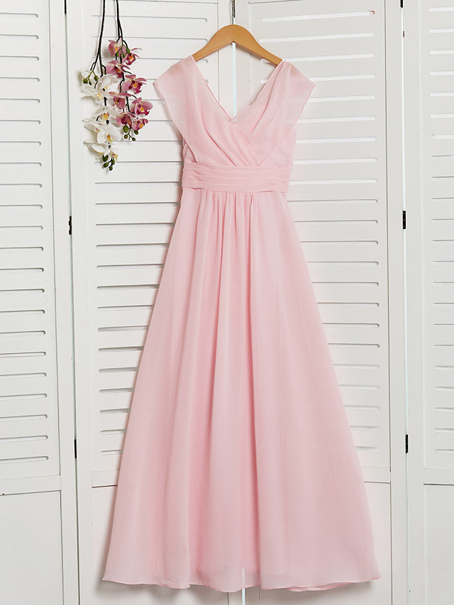 A-Line V Neck Floor Length Chiffon Junior Flower Girl Dress With Ruffles Ruching for Weddings and Parties