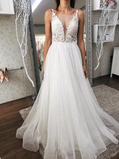 A Line V Neck Ivory White Lace Wedding Dresses