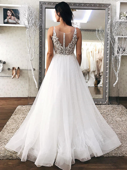 A Line V Neck Ivory White Lace Wedding Dresses