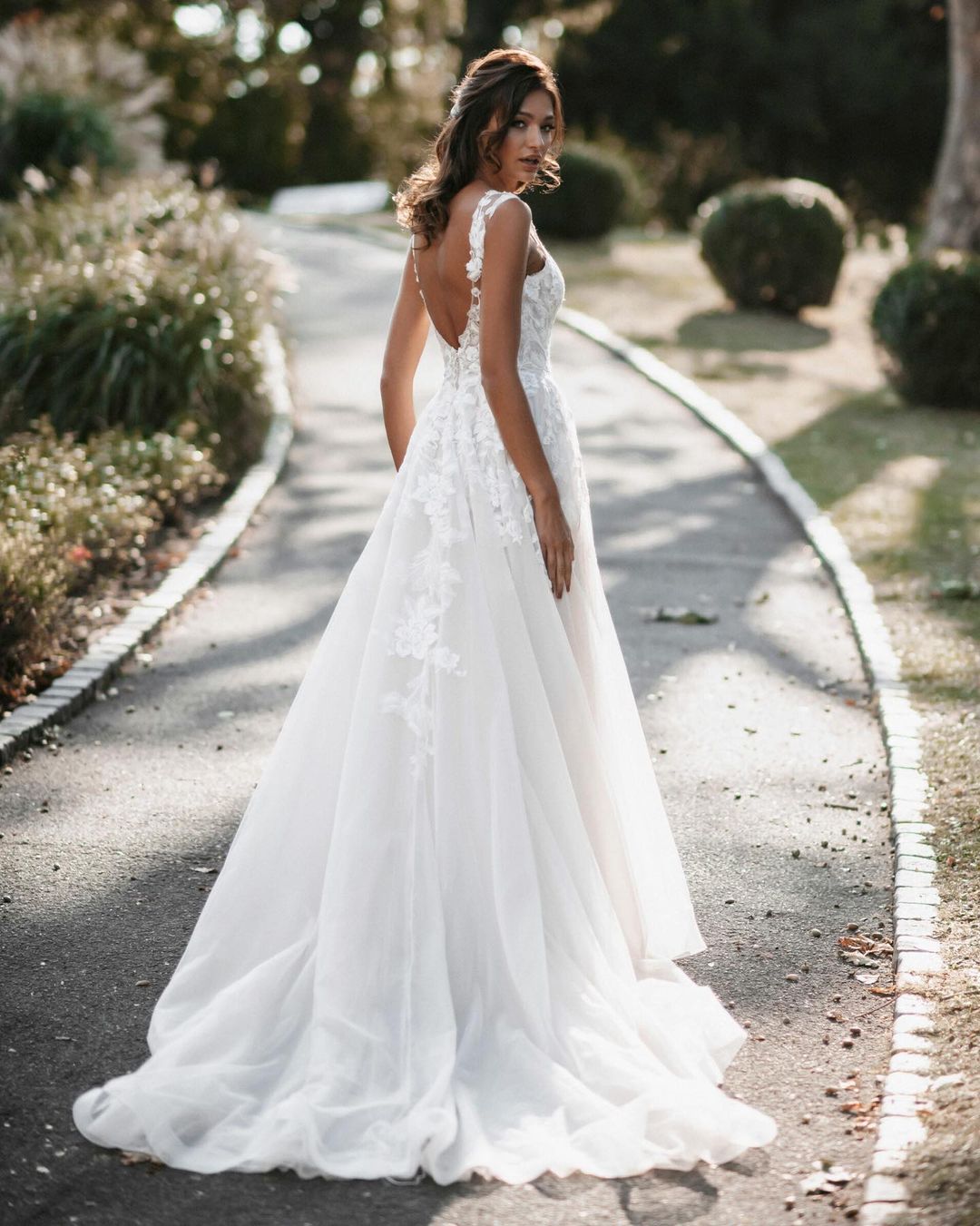 A-line V-neck Long Wedding Dress With Tulle Backless and Lace