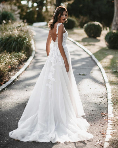 A-line V-neck Long Wedding Dress With Tulle Backless and Lace