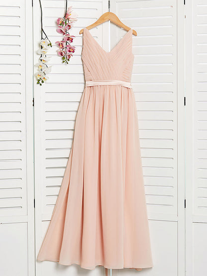 A-Line V Neck Maxi Chiffon Junior Flower Girl Dress With Sash Ribbon Ruching