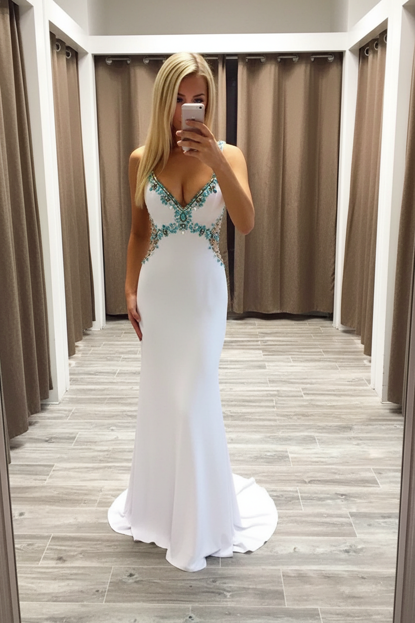 V-Neck Sleeveless Prom Dress Sweep/Brush Train With Beading Spandex Dresses