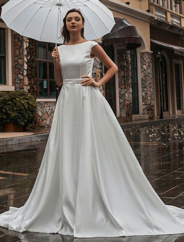 A-Line Wedding Dresses Court Train Sleeveless Sash Jewel Neck Bridal Gowns