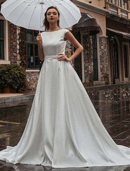 A-Line Wedding Dresses Court Train Sleeveless Sash Jewel Neck Bridal Gowns