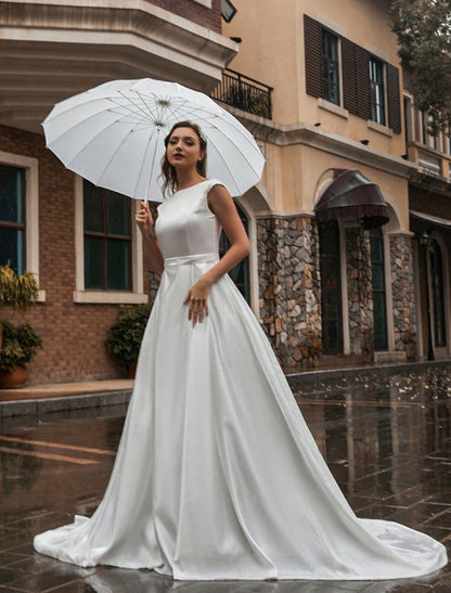 A-Line Wedding Dresses Court Train Sleeveless Sash Jewel Neck Bridal Gowns