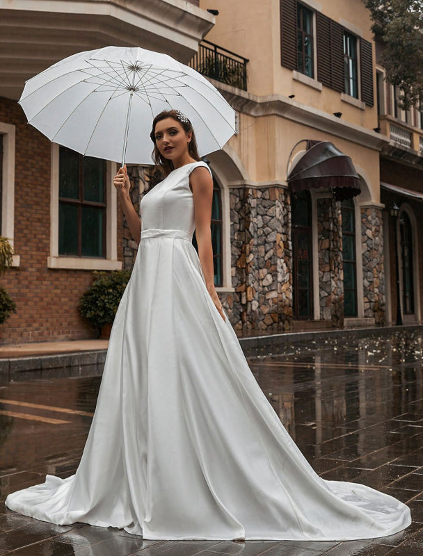 A-Line Wedding Dresses Court Train Sleeveless Sash Jewel Neck Bridal Gowns