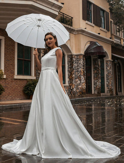 A-Line Wedding Dresses Court Train Sleeveless Sash Jewel Neck Bridal Gowns