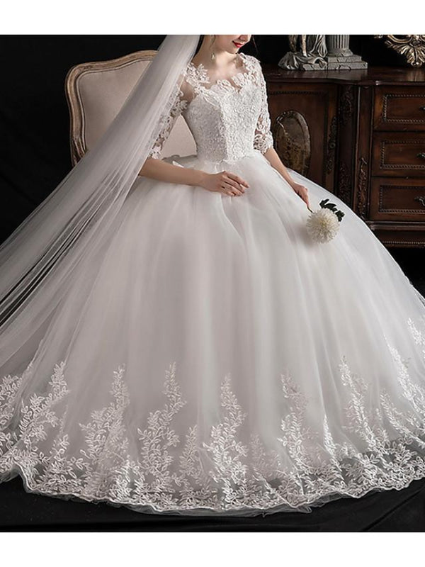 Glamorous A-Line Wedding Dresses Jewel Neck Lace Half Sleeve Illusion Sleeve Bridal Dress