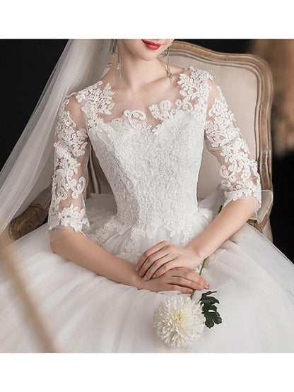 Glamorous A-Line Wedding Dresses Jewel Neck Lace Half Sleeve Illusion Sleeve Bridal Dress