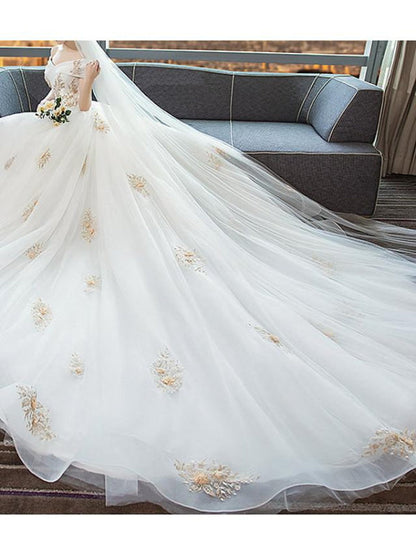 A-Line Wedding Dresses Off Shoulder Cathedral Train Lace Short Sleeve