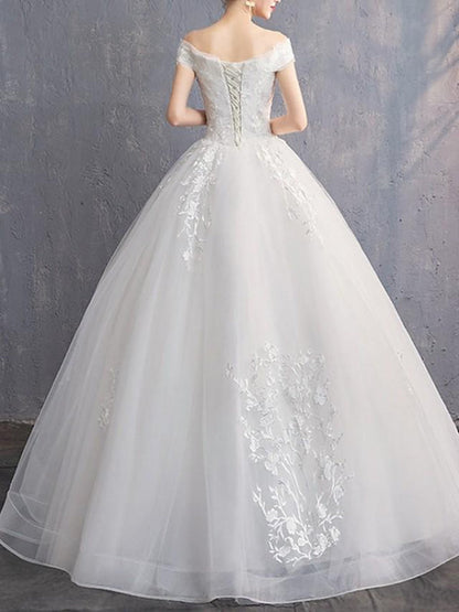 A-Line Wedding Dresses Off Shoulder Floor Length Tulle Cap Sleeve
