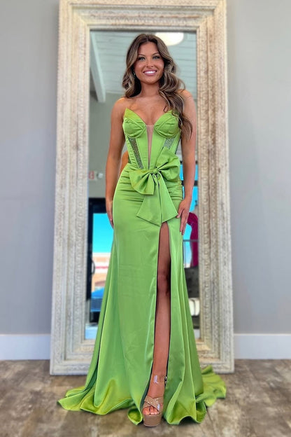 Mermaid V Neck Green Satin Prom Dresses