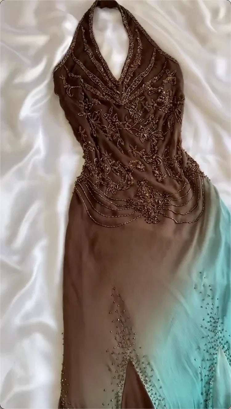 Retro Gradient Gorgeous Exquisite Beaded Halter Dress Long Chiffon Evening Gown Prom Dress HZ1024