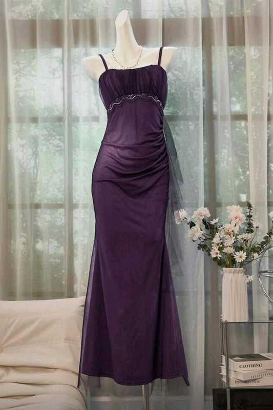 Deep Purple Tulle Camisole Mermaid Dress: Lace Trim, Ruched Fitted, Date Evening Gentle Maxi Dress gh6606