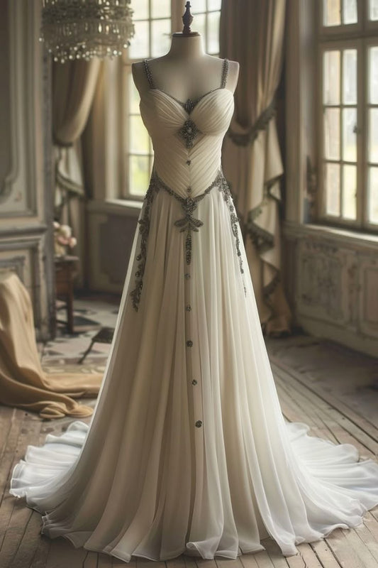 Ivory White Vintage Beaded Spaghetti Straps Simple Gorgeous Long Tulle Ball Gown Wedding Dress gh4954